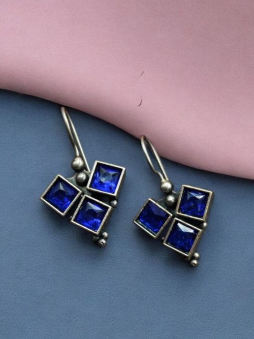 Oxidised Stone Hook Earrings - Daily Wear Silver look alike Earrings