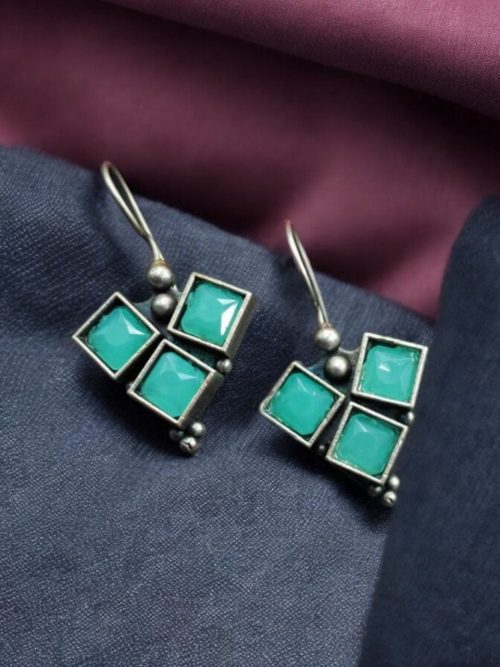 Oxidised Stone Hook Earrings - Daily Wear Silver look alike Earrings