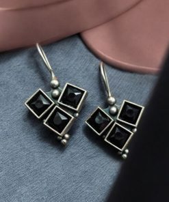 Oxidised Stone Hook Earrings - Daily Wear Silver look alike Earrings