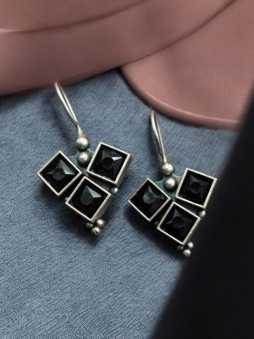 Oxidised Stone Hook Earrings - Daily Wear Silver look alike Earrings