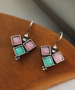 Oxidised Stone Hook Earrings - Daily Wear Silver look alike Earrings
