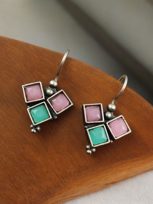 Oxidised Stone Hook Earrings - Daily Wear Silver look alike Earrings