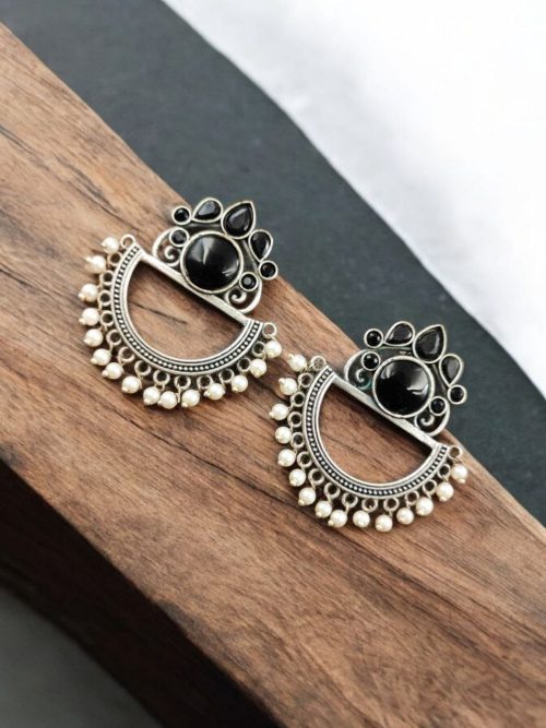 Elegant Oxidised Silver Look aLike Jewelry | Chandbali Earrings | Monalisa Stone Earring