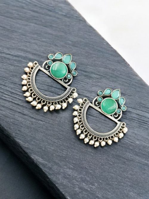 Elegant Oxidised Silver Look aLike Jewelry | Chandbali Earrings | Monalisa Stone Earring