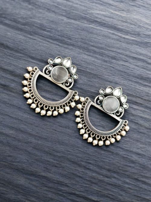 Elegant Oxidised Silver Look aLike Jewelry | Chandbali Earrings | Monalisa Stone Earring