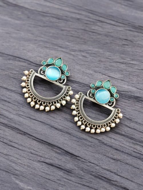 Elegant Oxidised Silver Look aLike Jewelry | Chandbali Earrings | Monalisa Stone Earring