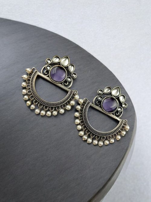 Elegant Oxidised Silver Look aLike Jewelry | Chandbali Earrings | Monalisa Stone Earring