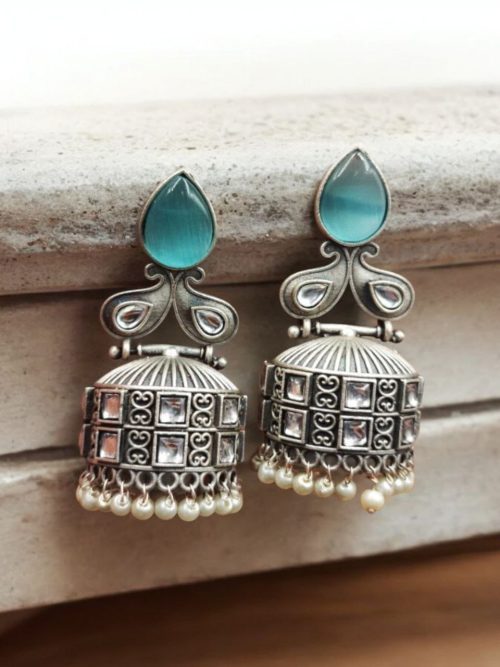 Premium Jhumka Earring Silver Replica Monalisa Stone