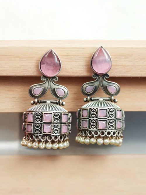 Premium Jhumka Earring Silver Replica Monalisa Stone