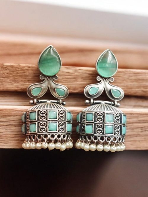 Premium Jhumka Earring Silver Replica Monalisa Stone