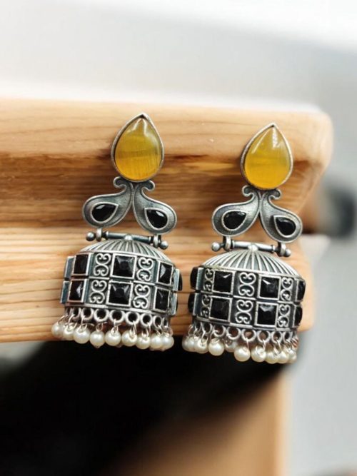 Premium Jhumka Earring Silver Replica Monalisa Stone