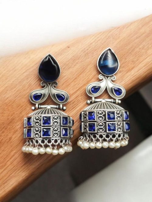 Premium Jhumka Earring Silver Replica Monalisa Stone