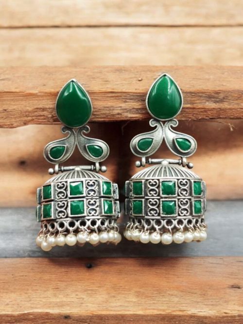 Premium Jhumka Earring Silver Replica Monalisa Stone