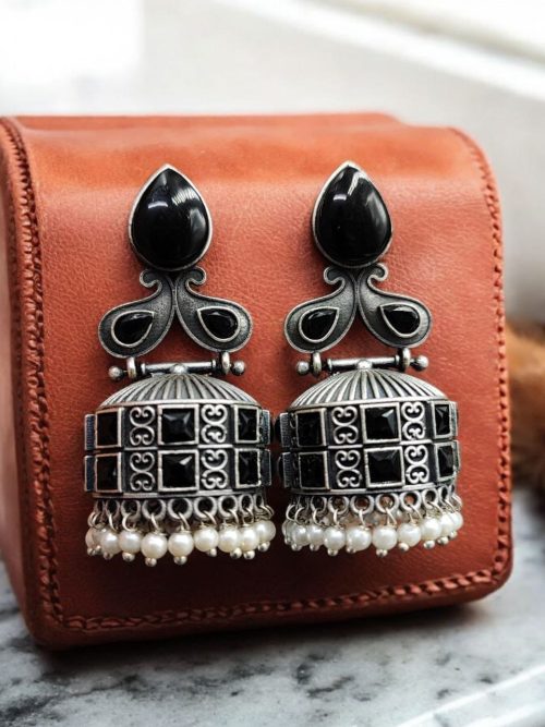 Premium Jhumka Earring Silver Replica Monalisa Stone