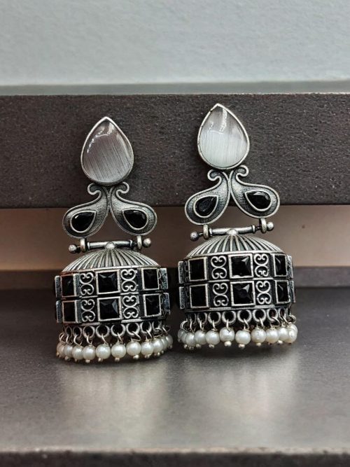 Premium Jhumka Earring Silver Replica Monalisa Stone