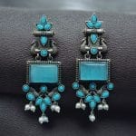 Adorable Peacock Earrings - Silver Replica Monalisa Stone Dangler Earring - "Aqua"