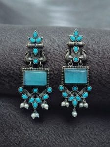 Adorable Peacock Earrings - Silver Replica Monalisa Stone Dangler Earring - Color: "Aqua"