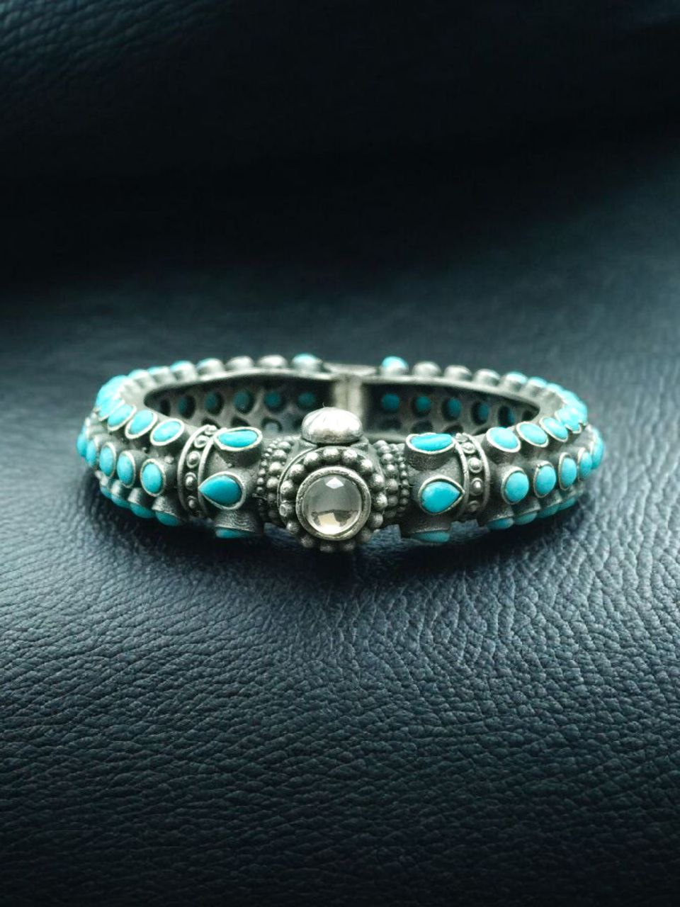 Stone Work Oxidised Silver Replica Bangles | Free Size Openable Bracelet 7 Stone Work Oxidised Silver Replica Bangles | Free Size Openable Bracelet - Image 8