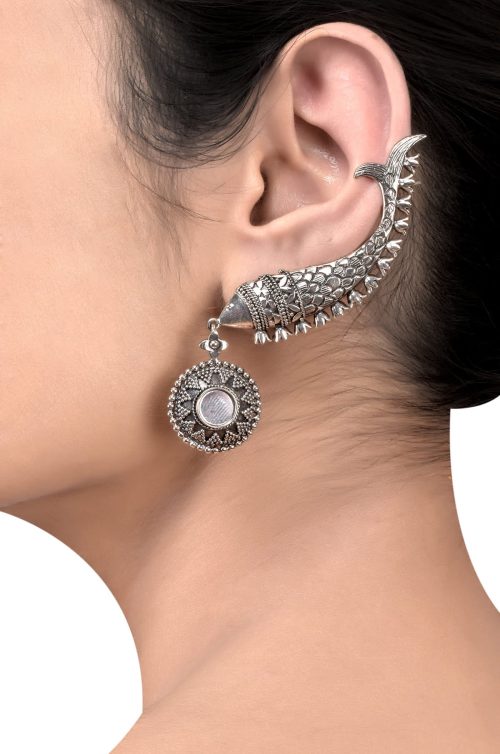 Fish Earcuff Earrings - Oxidised Silver Look alike Earring For Girls