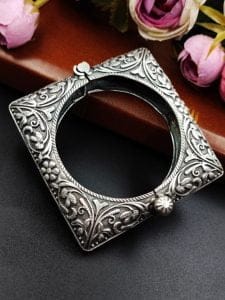 Oxidised Square Bangles / Kada for Girls | Silver Replica Openable Bracelet