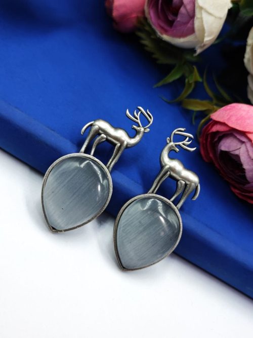 Premium-Design-of-Deer-Silver-Replica-Monalisa-Stone-Stud-Dangler-Earrings