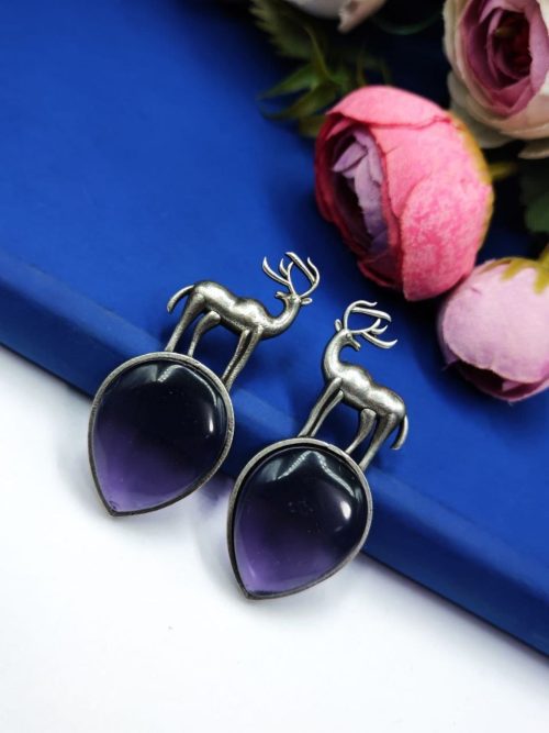 Premium-Design-of-Deer-Silver-Replica-Monalisa-Stone-Stud-Dangler-Earrings