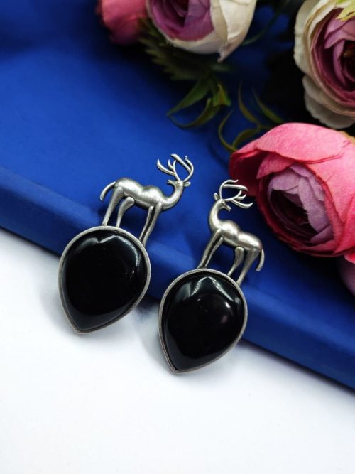 Premium-Design-of-Deer-Silver-Replica-Monalisa-Stone-Stud-Dangler-Earrings