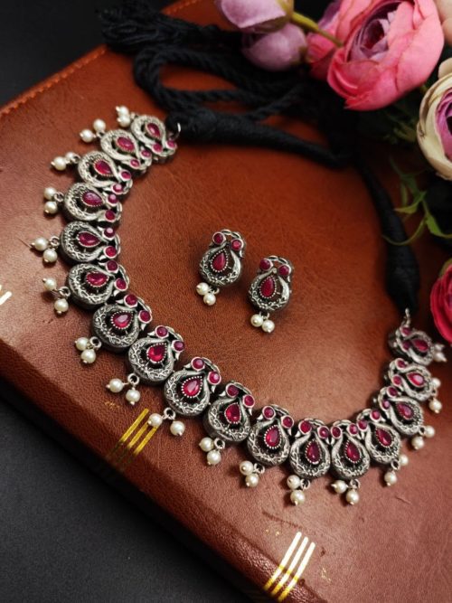 Exquisite Oxidised Silver Replica Necklace Set