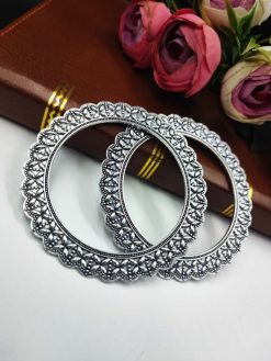 Oxidised Bangle - Beautiful Flower Design German Silver Chudiya