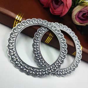Oxidised Bangle - Beautiful Flower Design German Silver Chudiya