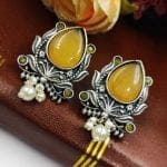 Bulk 8 Adorable Oxidised Design Monalisa Stone Stud with Pearl Work Earrings - "Yellow"