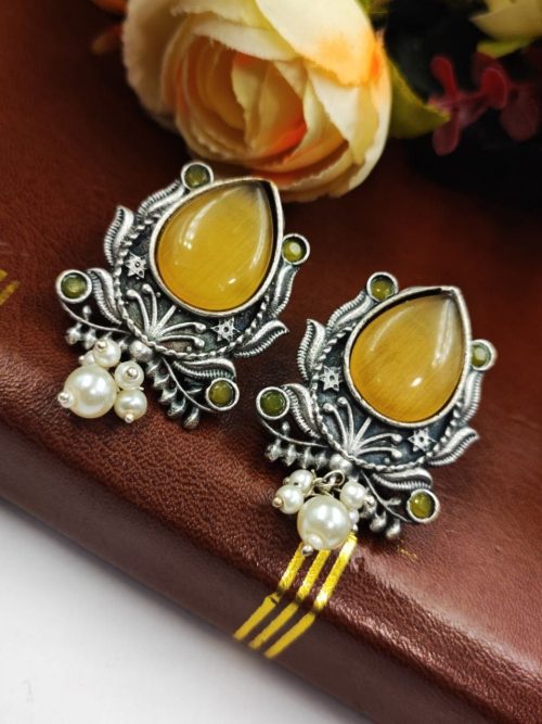 Adorable Oxidised Design Monalisa Stone Stud with Pearl Work Earrings