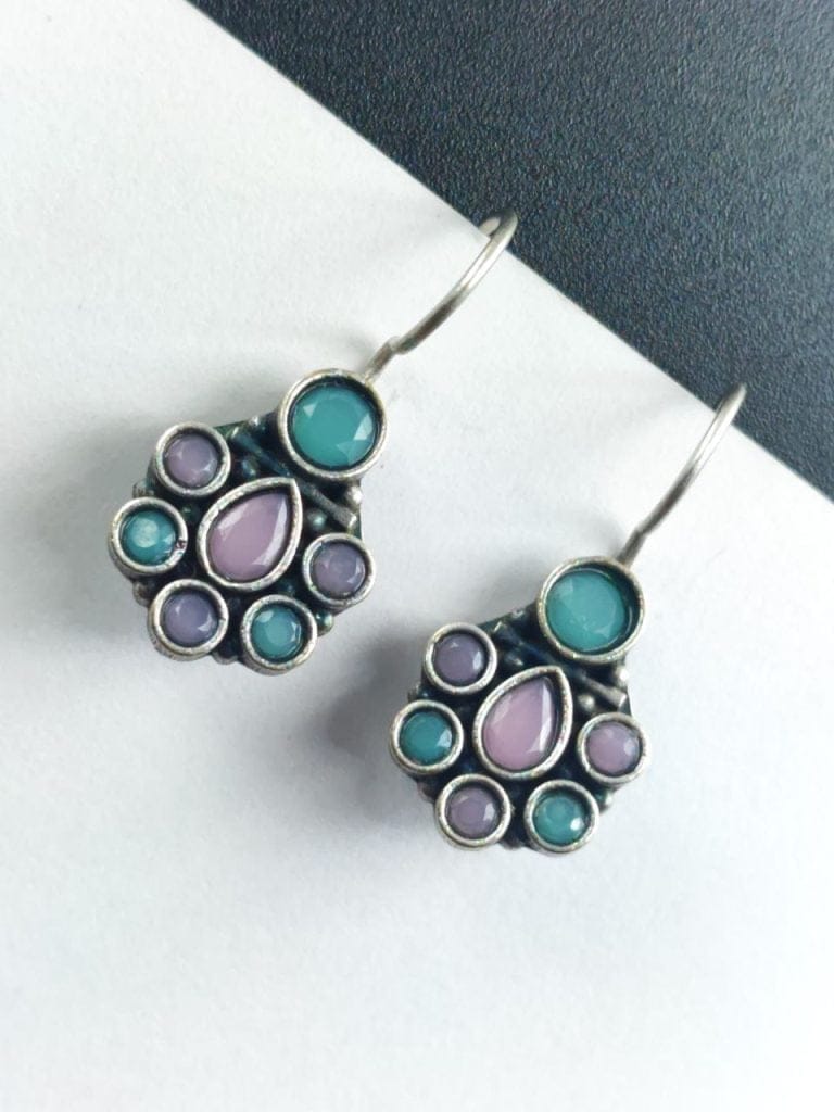 Bulk 452 Oxidised Daily Wear Earring - Silver Replica Hook Adorable Earrings - "Babypink-Mint"