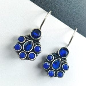 Oxidised Daily Wear Earring - Silver Replica Stone Work Hook Earrings