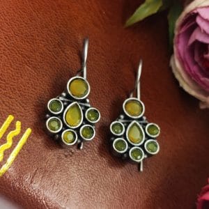 Oxidised Daily Wear Earring - Silver Replica Stone Work Hook Earrings