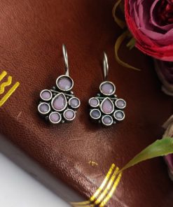 Oxidised Daily Wear Earring - Silver Replica Stone Work Hook Earrings
