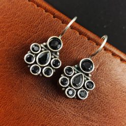 Oxidised Daily Wear Earring - Silver Replica Stone Work Hook Earrings