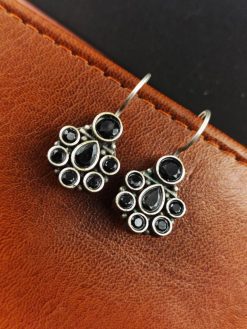 Oxidised Daily Wear Earring - Silver Replica Stone Work Hook Earrings