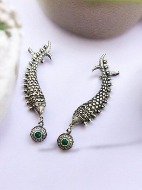 Fish Earcuff Earrings - Oxidised Silver Look alike Earring For Girls