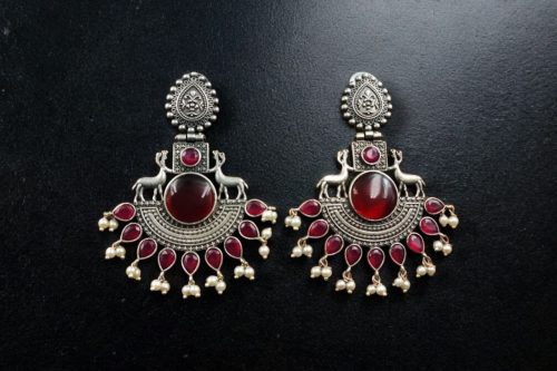 Deer Earrings - Premium Design Silver Replica Oxidised Monalisa Stone