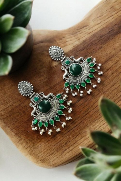 Deer Earrings - Premium Design Silver Replica Oxidised Monalisa Stone