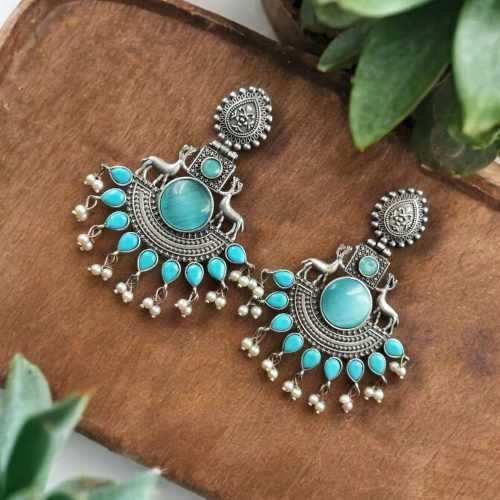 Deer Earrings - Premium Design Silver Replica Oxidised Monalisa Stone