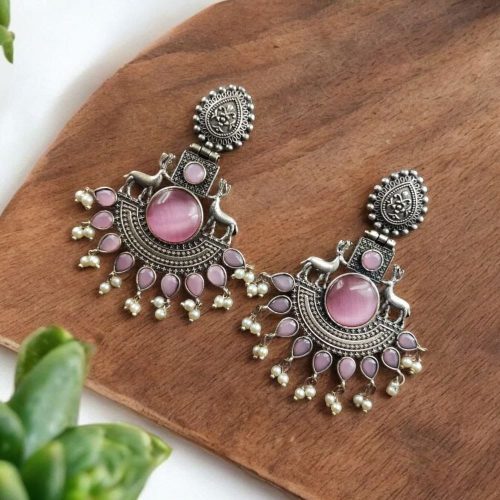 Deer Earrings - Premium Design Silver Replica Oxidised Monalisa Stone