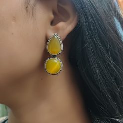 Dual Monalisa Stone Silver Look Like Earrings for Girls - Elegant Accessories