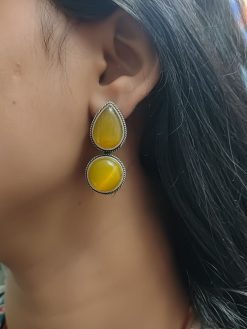 Dual Monalisa Stone Silver Look Like Earrings for Girls - Elegant Accessories