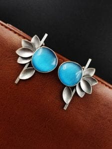 Monalisa Stone Half Flower Stud Earrings - Attractive Silver Replica Polish - Color: "Aqua"