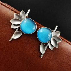 Monalisa Stone Half Flower Stud Earrings - Silver Replica Polish