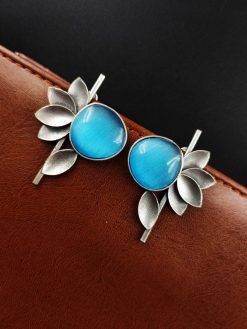 Monalisa Stone Half Flower Stud Earrings - Silver Replica Polish