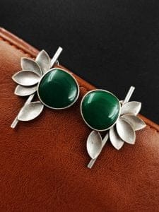 Monalisa Stone Half Flower Stud Earrings - Attractive Silver Replica Polish - Color: "Green"
