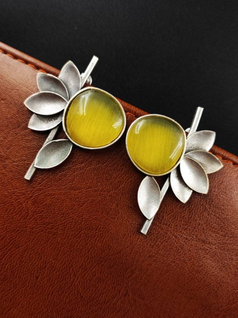 Bulk 410 Monalisa Stone Half Flower Stud Earrings - Attractive Silver Replica Polish - "Yellow"